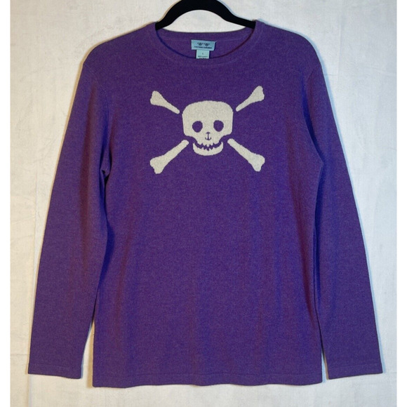 Two Bees Cashmere Sweaters - Two Bees Cashmere 100% Cashmere Size Large Sweater Top Skull + Crossbones Purple